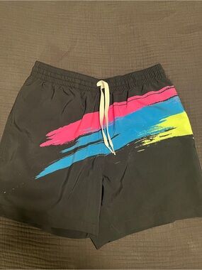 Men's Chubbies Black Swim Trunks with Neon Brush-Stroke Print
